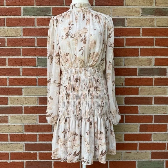 House of Harlow NWT 1960 Long Sleeve Cream Tan Floral Smocked Mini Dress 👗 - Picture 1 of 17